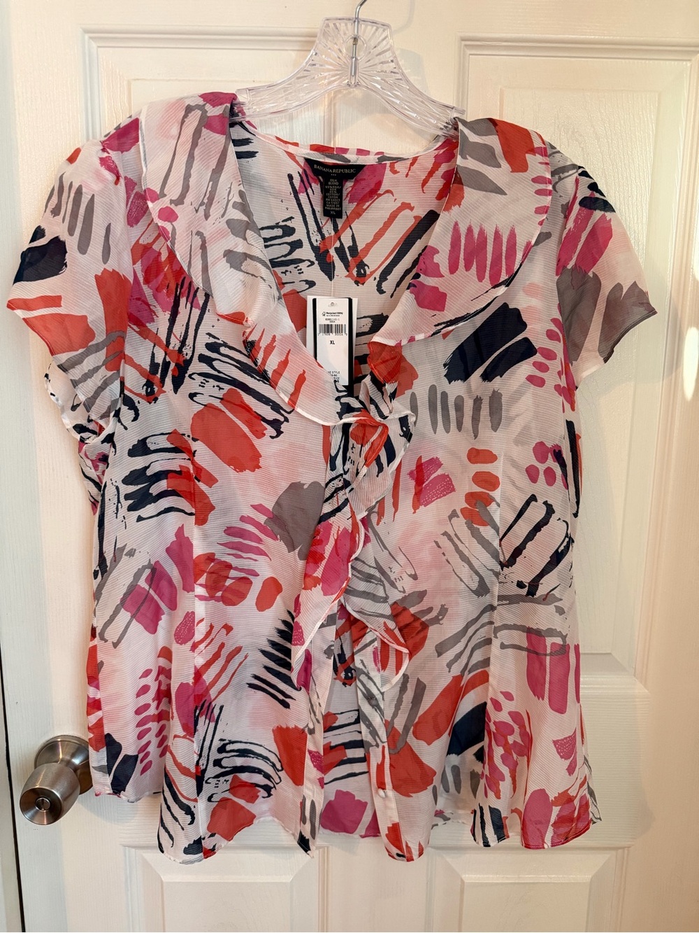 Banana Republic Pink Red Abstract Silk
Cotton Ruffle Top XL. NWT - Picture 1 of 9
